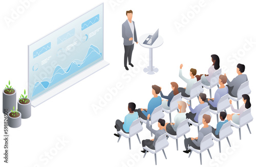 Business presentation, speech. Teamwork set with business presentation conference coworking workplace brainstorming and discussion isolated. Indicators and coaching. Vector isometric, 3d