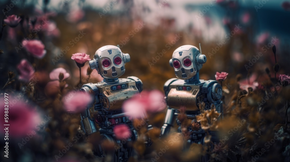 Illustration of robots in a flower garden. Generative AI Illustration of robots in a flower garden. Generative AI