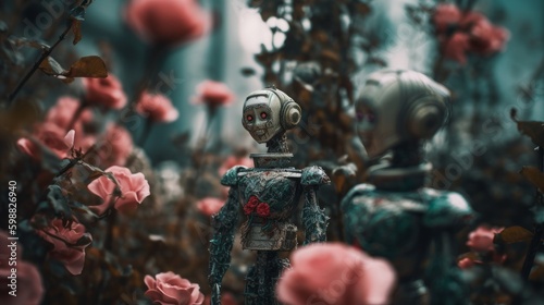 Illustration of robots in a flower garden. Generative AI