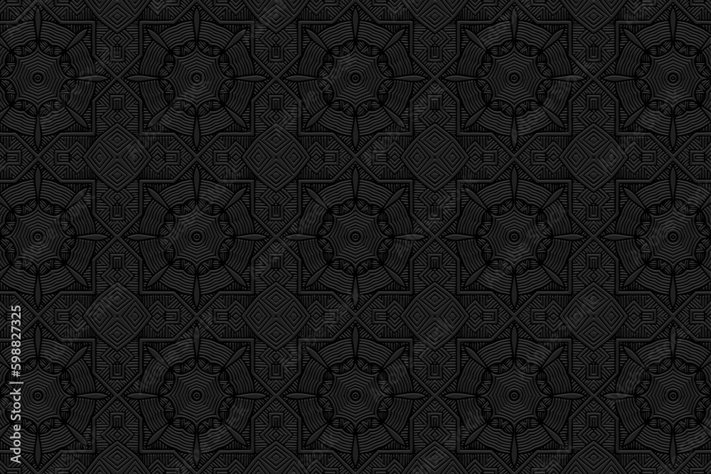 Embossed black background, cover design. Geometric 3D pattern, press paper, leather. Boho, handmade. Tribal ethnic vector original texture of East, Asia, India, Mexico, Aztec, Peru.