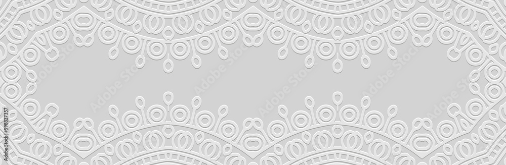 Banner, cover design, place for text. Embossed 3D boho pattern, handmade, ornaments. Geometric white background. Tribal ethnic vector texture of East, Asia, India, Mexico, Aztec, Peru. Banner, cover design, place for text. Embossed 3D boho pattern, handmade, ornaments. Geometric white background. Tribal ethnic vector texture of East, Asia, India, Mexico, Aztec, Peru.