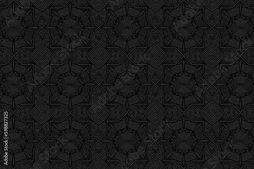Embossed black background, cover design. Geometric 3D pattern, press paper, leather. Boho, handmade. Tribal ethnic vector original texture of East, Asia, India, Mexico, Aztec, Peru.