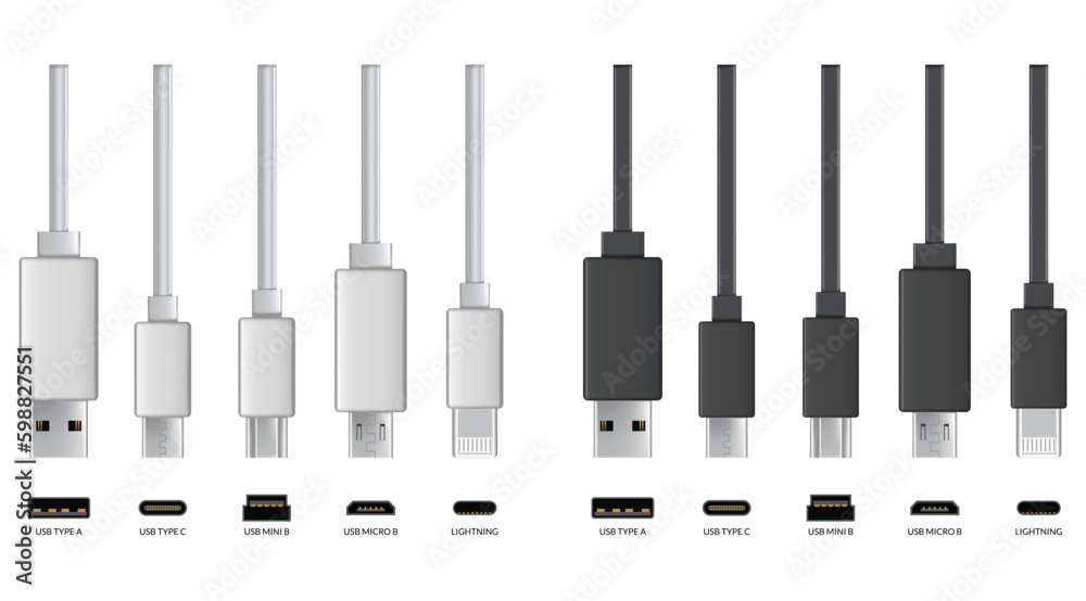 Usb cable connectors. Realistic vector set of phone jacks for cabling in white and black color. Cable for charging or transmitting information for modern electronic devices Usb cable connectors. Realistic vector set of phone jacks for cabling in white and black color. Cable for charging or transmitting information for modern electronic devices