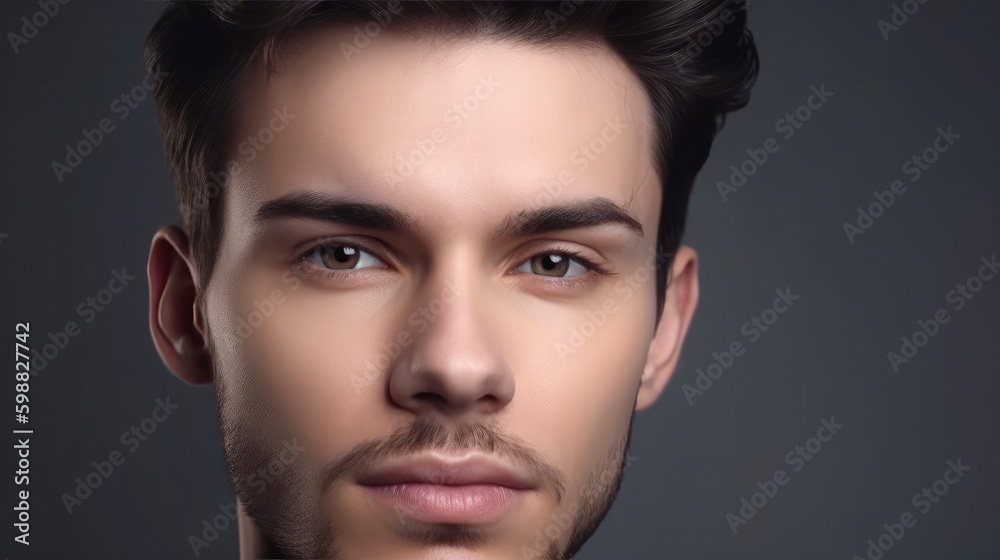 Beauty face of a man model on a grey studio background. Generative AI Beauty face of a man model on a grey studio background. Generative AI
