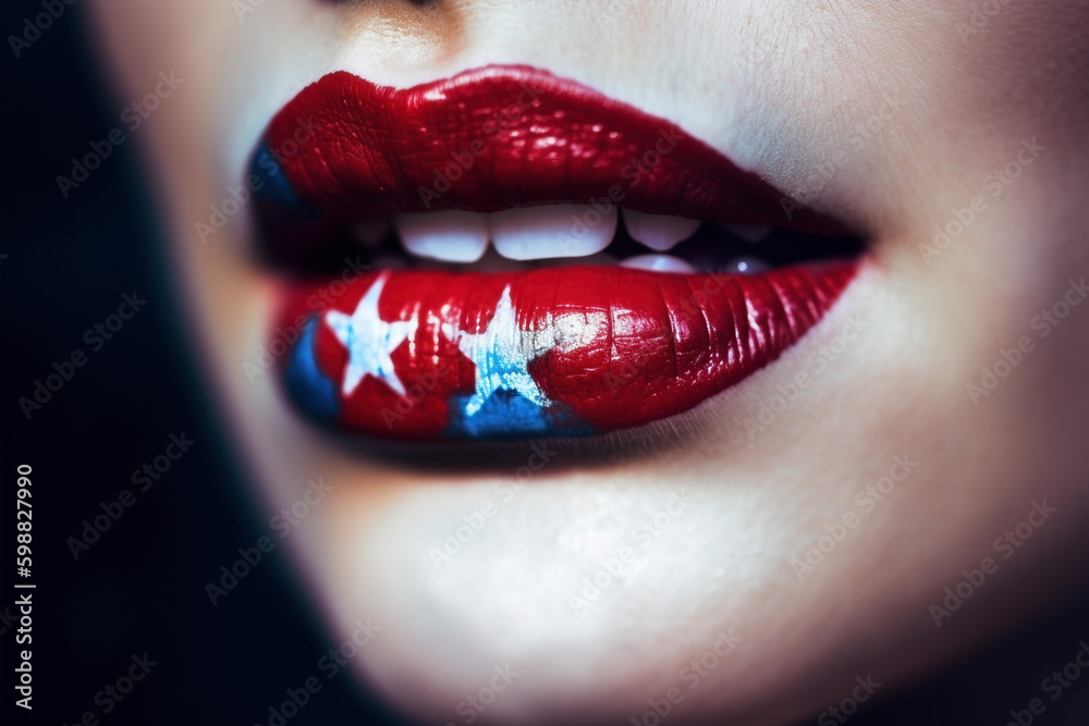 Fototapeta premium Lipstick design inspired by American flag with stars. 4th of July makeup. Generative AI illustration