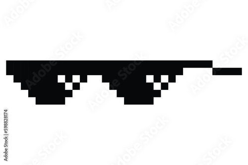 Pixel glasses meme. Like a boss meme. Pixelation, accessory optical fashion. 8 bit funky logo icon. Vector cartoon eyeglass frame for sunglasses
