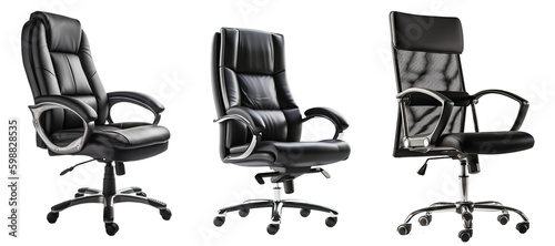 Three different black office chairs on wheels on a transparent background, Generative AI