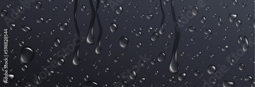 Realistic water drops on transparent black surface. Vector illustration of rain droplets, dew bubbles, shower condensation drips, pure aqua blobs on wet glass. Abstract humid texture background