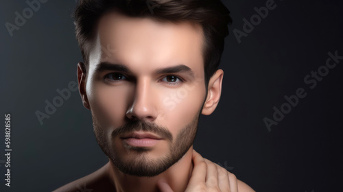 Beauty face of a man model on a grey studio background. Generative AI