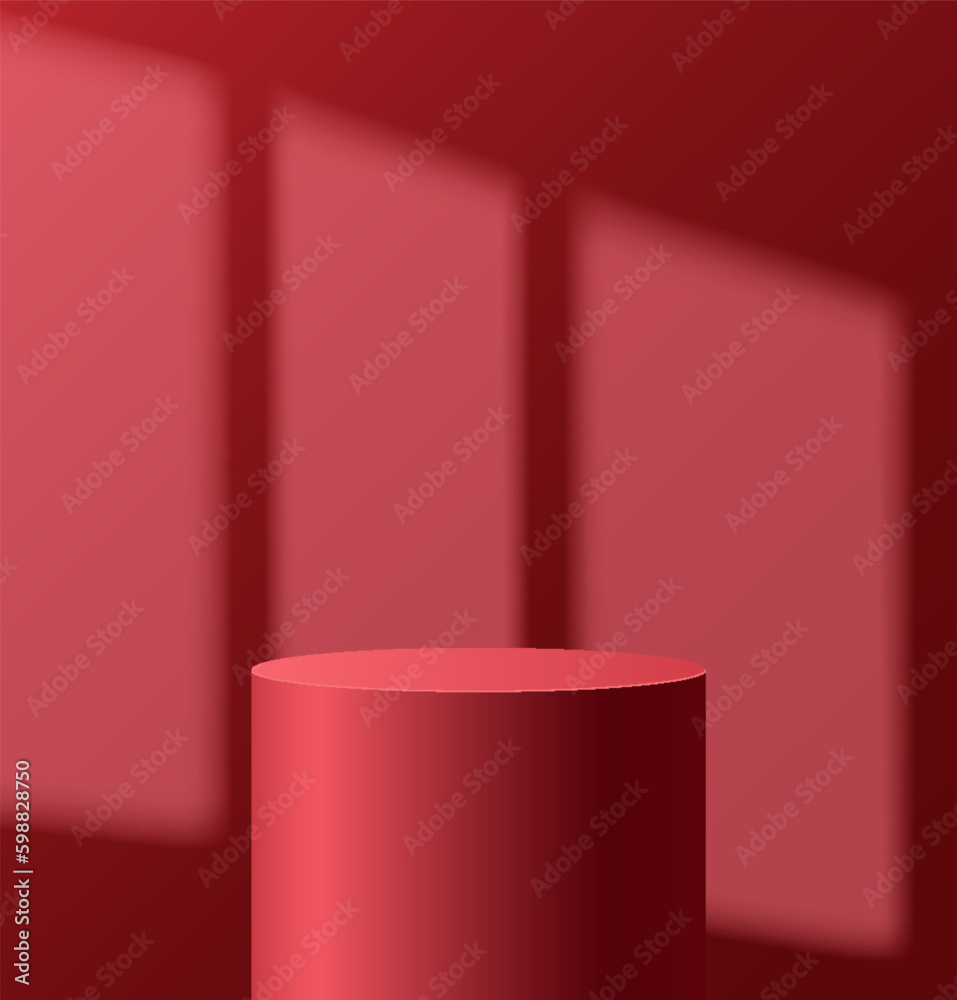 Light podium with shadow from window on wall. Abstract empty room with red color cylinder stand pedestal. Vector stage for showcase, display presentation. Studio room concept Light podium with shadow from window on wall. Abstract empty room with red color cylinder stand pedestal. Vector stage for showcase, display presentation. Studio room concept