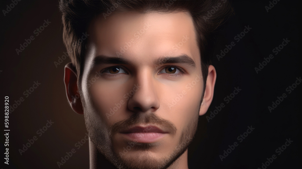 Beauty face of a man model on a grey studio background. Generative AI Beauty face of a man model on a grey studio background. Generative AI