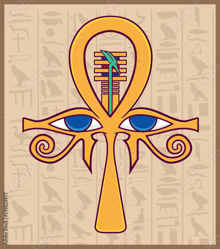 Egyptian ankh and Djed . Eye of Horus and Eye of Ra  Eternal icon - vector 
