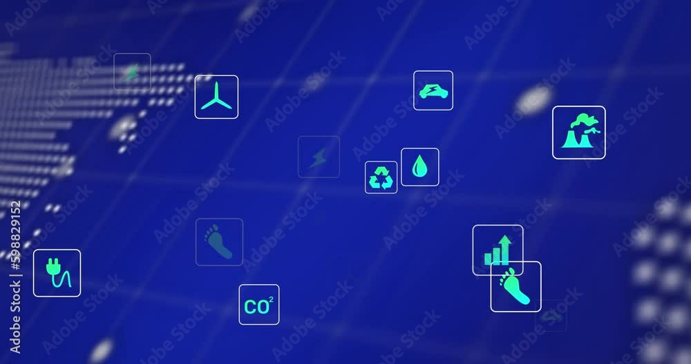 Animation of eco icons and data processing over world map Animation of eco icons and data processing over world map