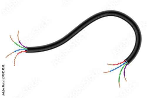 Broken electrical copper wire or cord. Damaged electric power cable. Torn wire with bare wire. Danger electric problem. Color electricity cable. Vector illustration isolated on white background