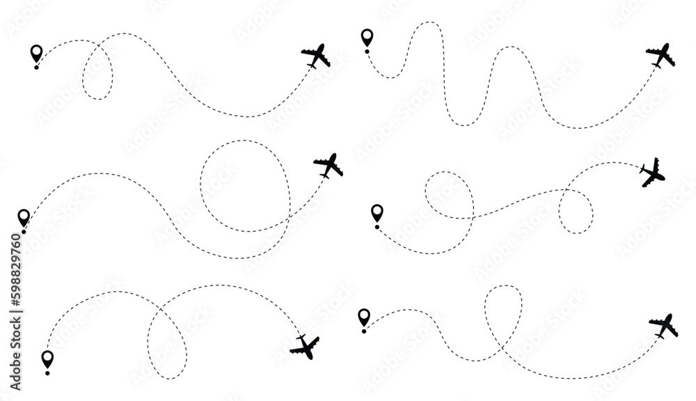 Airplane dotted route line set. Path travel line shapes. Flight route with start point and dash line trace for plane isolated vector illustration - obrazy, fototapety, plakaty 