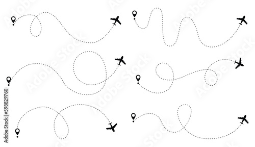 Airplane dotted route line set. Path travel line shapes. Flight route with start point and dash line trace for plane isolated vector illustration
