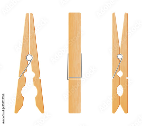 Clothes pin set. Realistic wooden peg for housework and laundry. Wooden clips for clothes to line. Vector illustration of clothespin