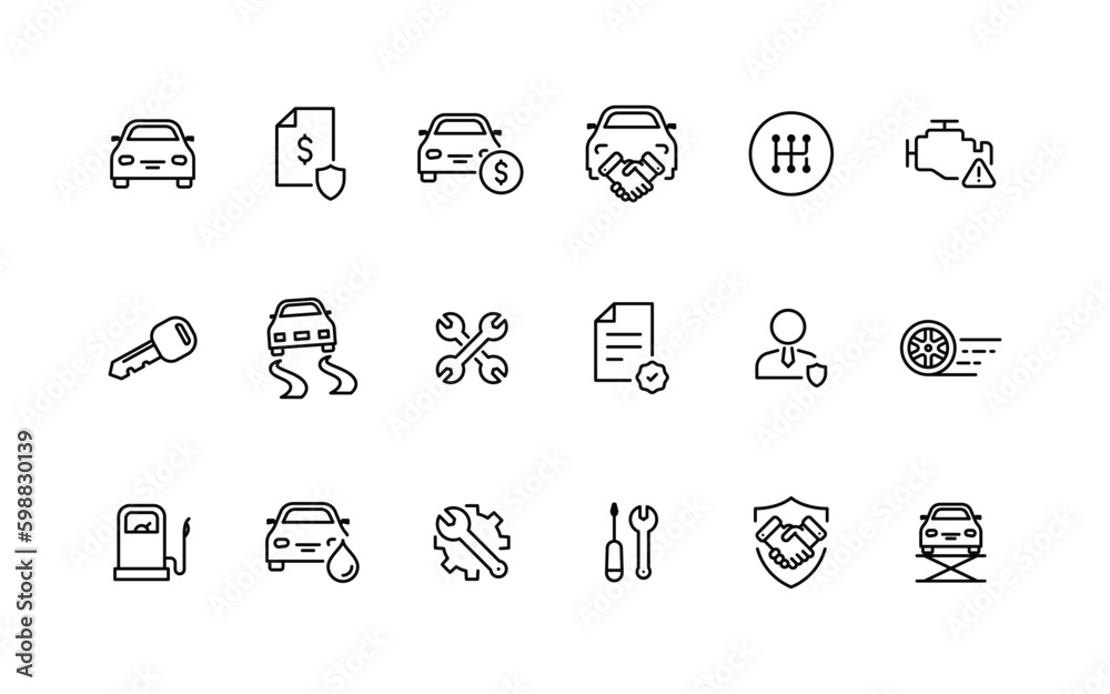 Black linear car services vector icons big set. Washing car, car selling, repair car, check engine, slippery road, transmission and other different operation. Black linear car services vector icons big set. Washing car, car selling, repair car, check engine, slippery road, transmission and other different operation.