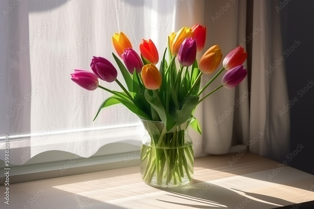 Beautiful Colorful Tulip Flower Bouquet on White Table Morning Sunlight from Window
