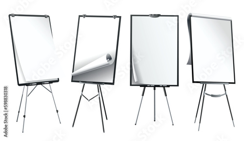 Flipchart mockup set at different angles. Presentation and seminar whiteboard with blank paper sheets. Flip chart on tripod with space for text, vector illustration isolated on white background