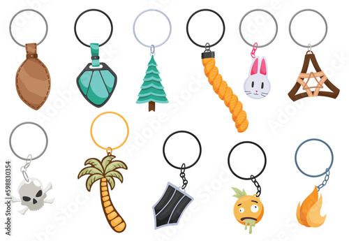 Keychain keyholder, icon set. Cartoon color different types of key ring, chain round holders or metal trinket. Modern keys pendants. Home rental or real estate concept. Vector illustration