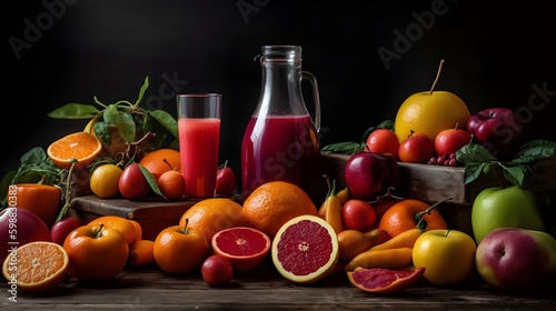 Red Juice Surrounding by fruit, Fresh fruits juice on amazing background, Healthy beverage rich in vitamins. Created Generative Ai