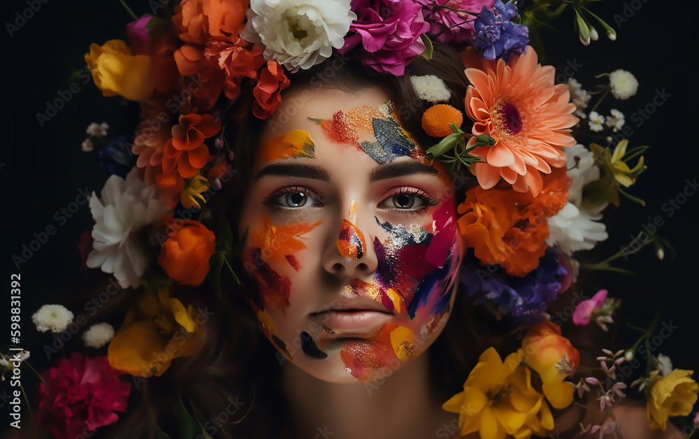 Portrait of a woman with colorful flowers. Generative AI technology.