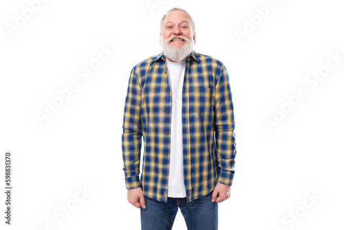 handsome 60s middle aged gray-haired man with a beard on a white background © Ivan Traimak