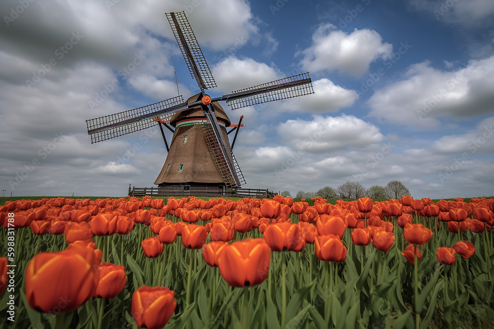 Netherlands Windmill Orange Tulip Fields Bright Sky Beautiful Landscape View Tour Travel