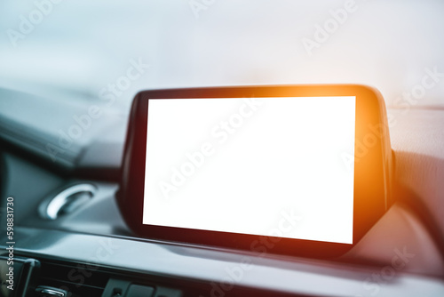 Modern vehicle infotainment system blank screen mockup. Car interior.