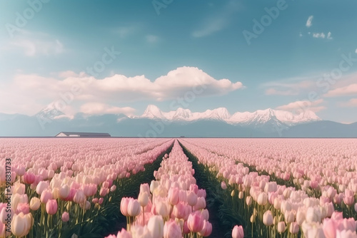 Beautiful View Fields of Cotton Candy Pink Tulip Flower with Landscape Background