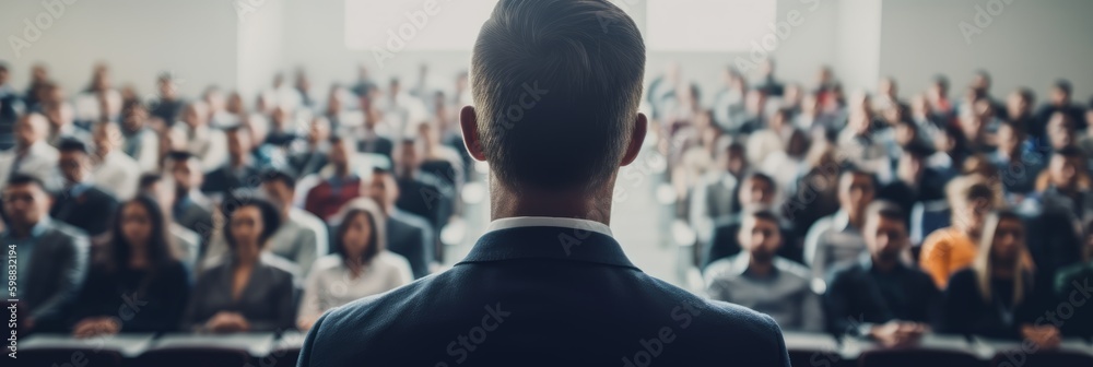 Young speaker speaks at a business conference or event, meeting room, meeting room. Generative AI Young speaker speaks at a business conference or event, meeting room, meeting room. Generative AI