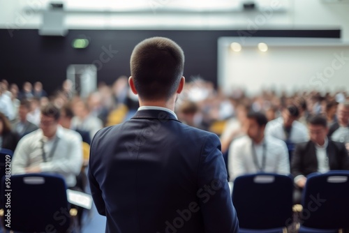 Young speaker speaks at a business conference or event, meeting room, meeting room. Generative AI