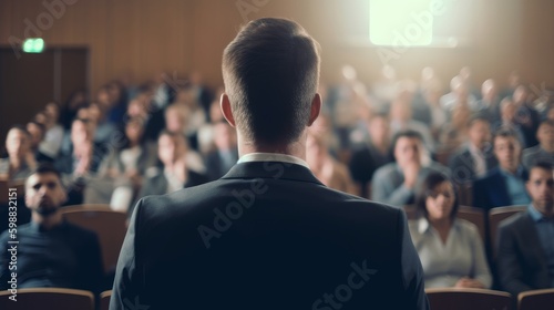 Young speaker speaks at a business conference or event, meeting room, meeting room. Generative AI