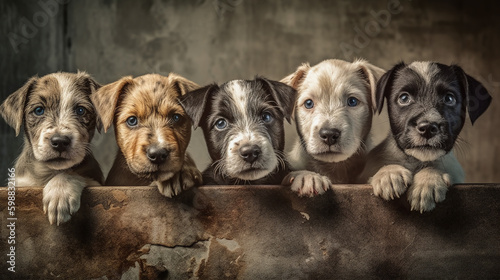 Group of dogs in box, looking at camera. Generative AI. High quality illustration