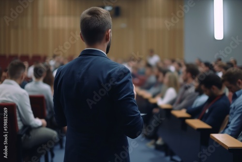 Young speaker speaks at a business conference or event, meeting room, meeting room. Generative AI