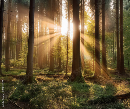 Serene Forest Landscape with Sunbeams Created with Generative AI and Other Techniques