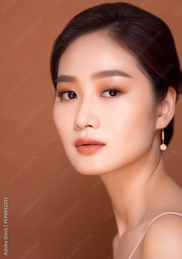 Fototapeta premium Asian Beauty: Luxury Makeup on Beige Background Created with Generative AI and Other Techniques