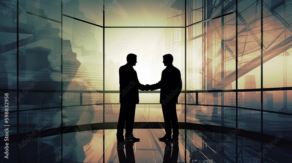 Fototapeta premium silhouettes two businessmen handshake in cooperation agreement concept at the office and successful business partner. businessman shaking hands to seal a deal with his partner. Generative Ai.