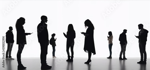 Silhouettes of various people looking at smartphones. Black and white image of people talking on phone. People communicate via SMS. Generative AI. High quality illustration