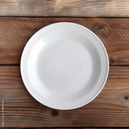An empty plate on a white wooden table. Top view of white ceramic plate on white wooden. Generative Ai.
