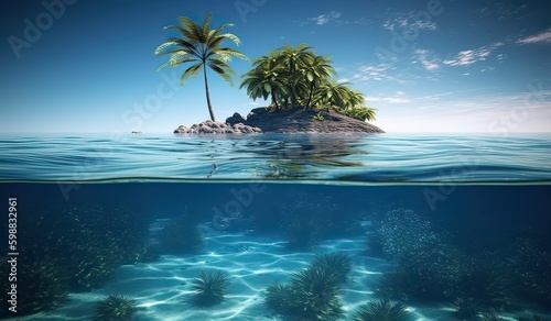 Tropical Island And Coral Reef - Split View With Waterline. Beautiful underwater view of lone small island above and below the water surface in turquoise waters of tropical ocean. Generative Ai.