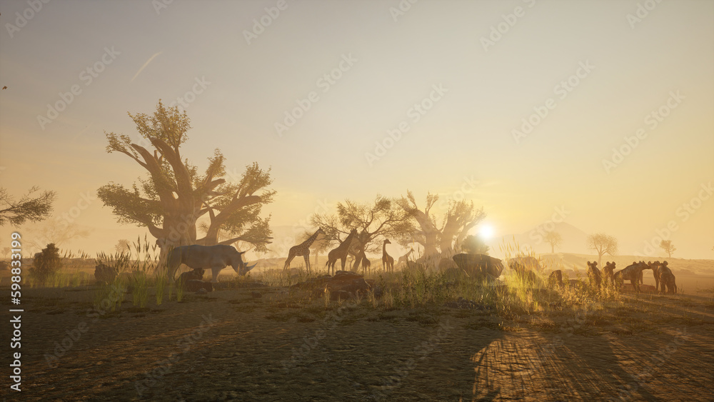 Obraz premium savannah, sunset on the savannah, sunset in africa, animals, wildlife, safari, safari sunset, giraffe And trees, sunset in the field, sunset over the field, sunrise over the field