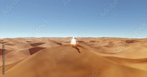 3D rendering of a glowing person meditating in the desert dunes showing the essence of tranquility and mindfulness. Concept of self-discovery, relaxation, and rejuvenation photo