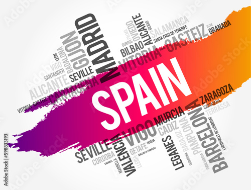 List of cities in Spain word cloud, Spanish municipalities, business and travel concept background