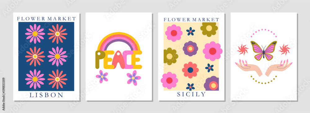 Set of 70s retro posters. Groovy flowers, flower market, retro vintage lettering. Mystic hands, butterfly, rainbow. Poster, flyer, card, banner design. Background. Nostalgia