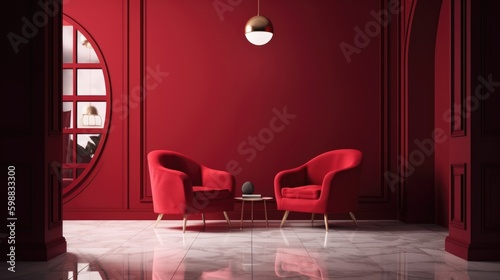 Minimalist Red Room with Chairs and small table. Interior design concept with copy-space. Generative AI.