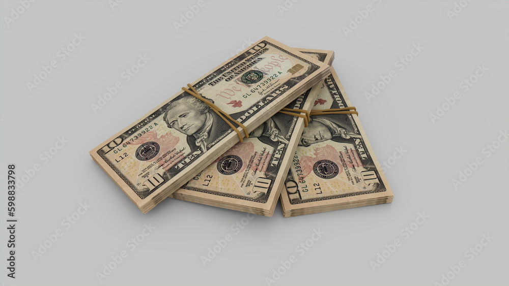 Finance concept with Three bundles of Ten Dollar Bills. US Dollar Money Wallpaper. Finance concept with Three bundles of Ten Dollar Bills. US Dollar Money Wallpaper.