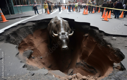 Debt Ceiling Crisis, Wall Street Collapse, Charging Bull in Sinkhole, Collapse of Wall Street (generative AI)