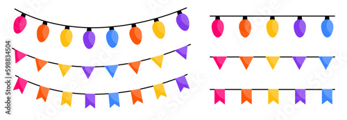 Garlands. Light bulbs and flags. Celebration decorations holiday or festival